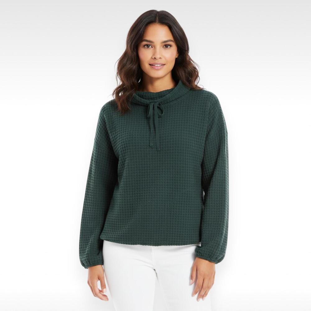 Max Studio Waffle Knit Cowl Neck Top | Balloon Sleeve | Green | Size Medium, NWT